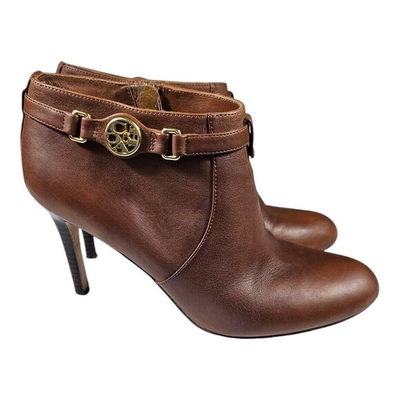 COACH 10 Salene Logo Ankle Booties Dark Ginger Brown Leather Stiletto Heel Boots - Picture 1 of 8